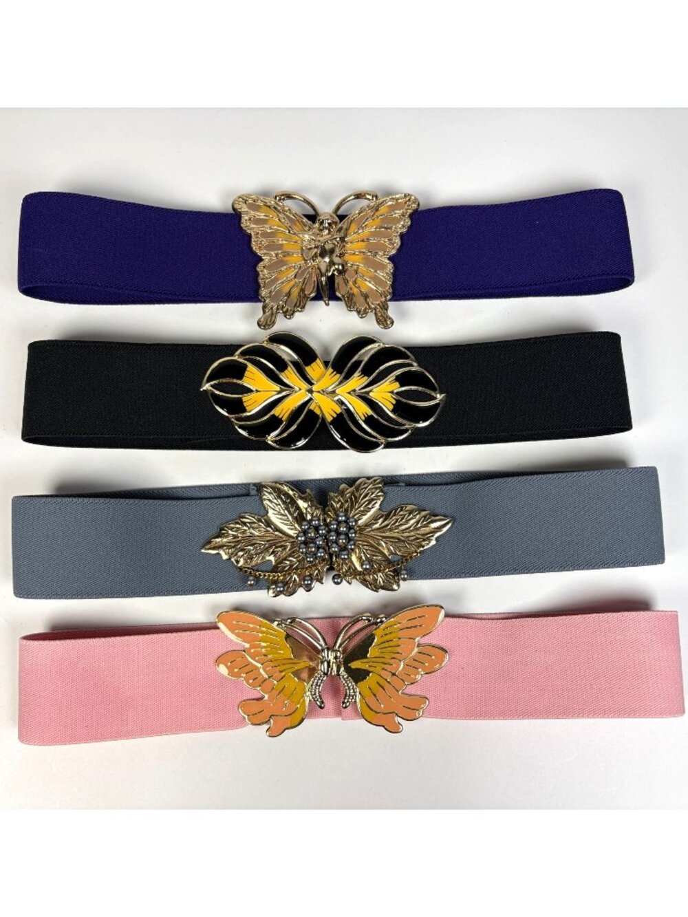 Lot of 4 Vintage 80s Stretch Fashion Belts with Enamel Metal Buckles 4 Colors